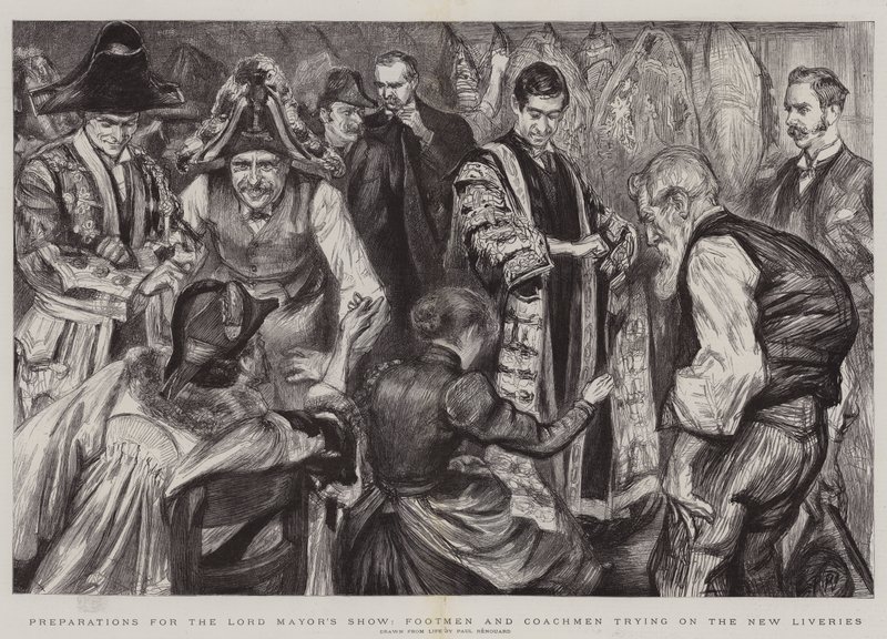 Lord Mayor's Show için Hazırlıklar, Yeni Tasarımları Deneyen Uşaklar ve Arabacılar by Charles Paul Renouard