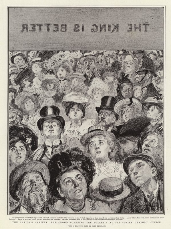 Milletin Kaygısı, Günlük Grafik Ofisinde Bülteni Taranan Kalabalık by Charles Paul Renouard