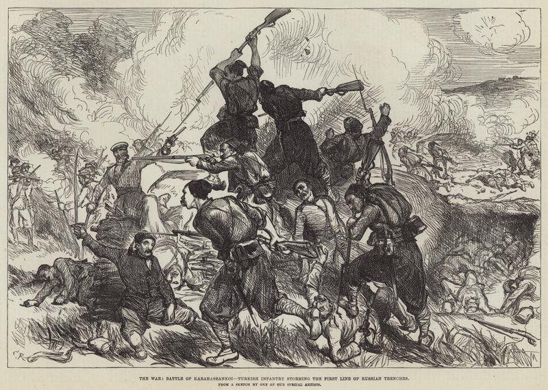 Savaş, Karahassankoi Muharebesi, Türk Piyadeleri Rus Siperlerinin Birinci Hattına hücum ediyor. by Sir John Charles Robinson