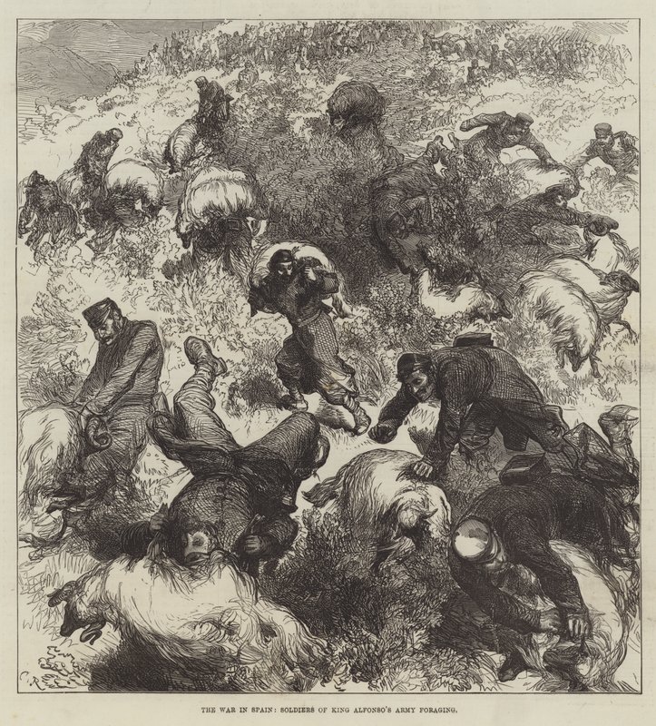 İspanya'daki Savaş, Kral Alfonso'nun Ordusu'nun askerleri yiyecek arama by Sir John Charles Robinson