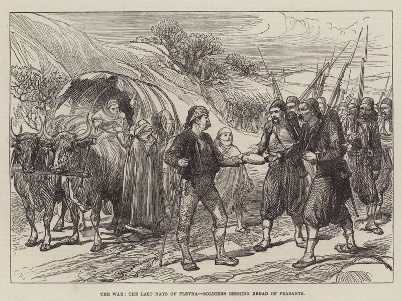 Savaş, Plevne'nin Son Günleri, Köylülerin Ekmeği Dilenen Askerler by Sir John Charles Robinson