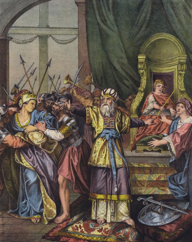 Yahuda Kraliçesi Atalya Tapınaktan kovuldu ve yerine Yehoaş (renkli taş) hükümdar oldu by Charles Antoine (after) Coypel