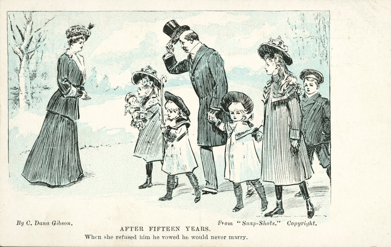 Evlenmeyi reddettiği ve asla evlenmeyeceğine yemin ettiği adamla karşılaşan kadın (renkli taş) by Charles Dana Gibson