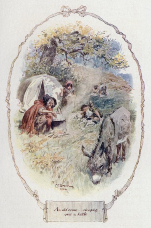 Bir su ısıtıcısının üzerine eğilen yaşlı bir kocakarı (renkli taş) by Charles Edmund Brock