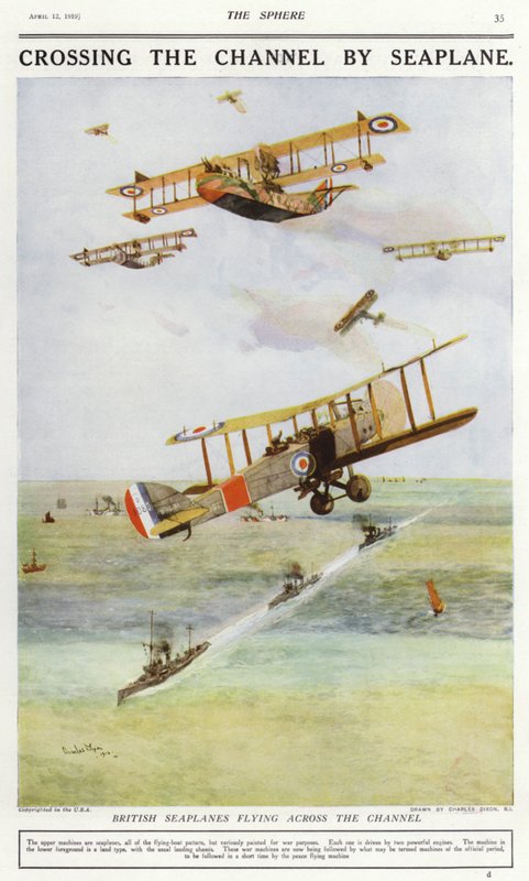 İngiliz Kanalı boyunca uçan İngiliz deniz uçakları (renkli lito) by Charles Edward (after) Dixon