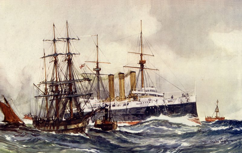 HMS Kent Passing South Sand Lightship  by Charles Edward Dixon