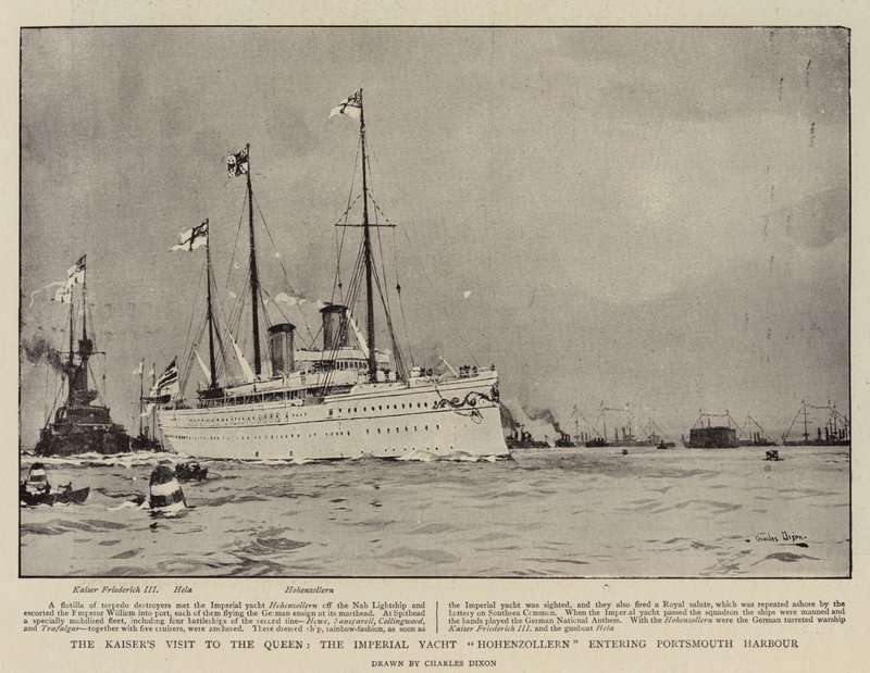 Kaiser'in Kraliçeyi Ziyareti, İmparatorluk Yat Hohenzollern Portsmouth Limanı'na giriyor by Charles Edward Dixon