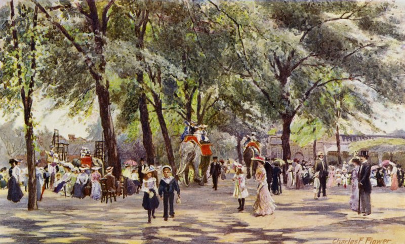 Londra Hayvanat Bahçesi: Fillerle Geniş Yürüyüş (renkli taş) by Charles Edwin Flower