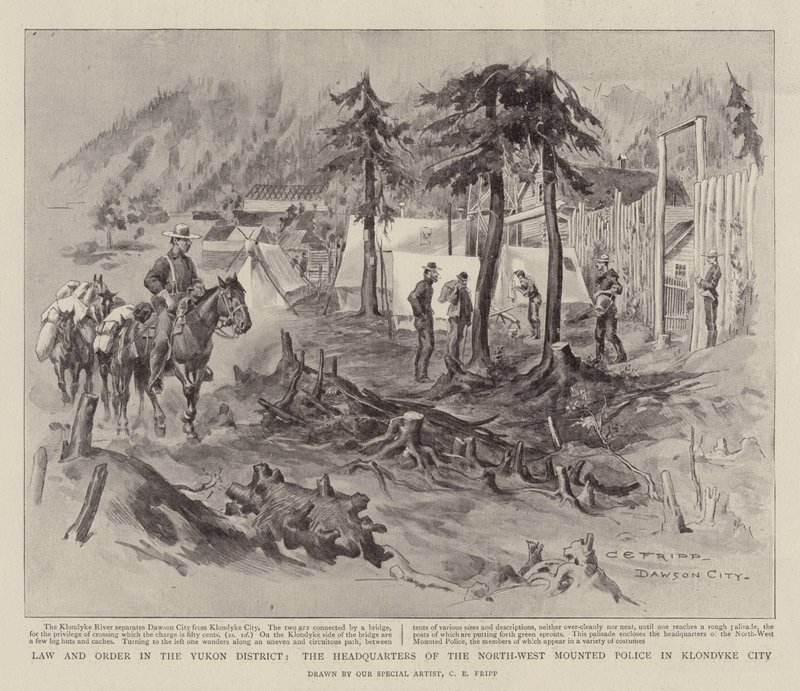 Klondyke Şehrindeki Kuzey-Batı Atlı Polis Merkezi olan Yukon Bölgesinde Kanun ve Düzen by Charles Edwin Fripp