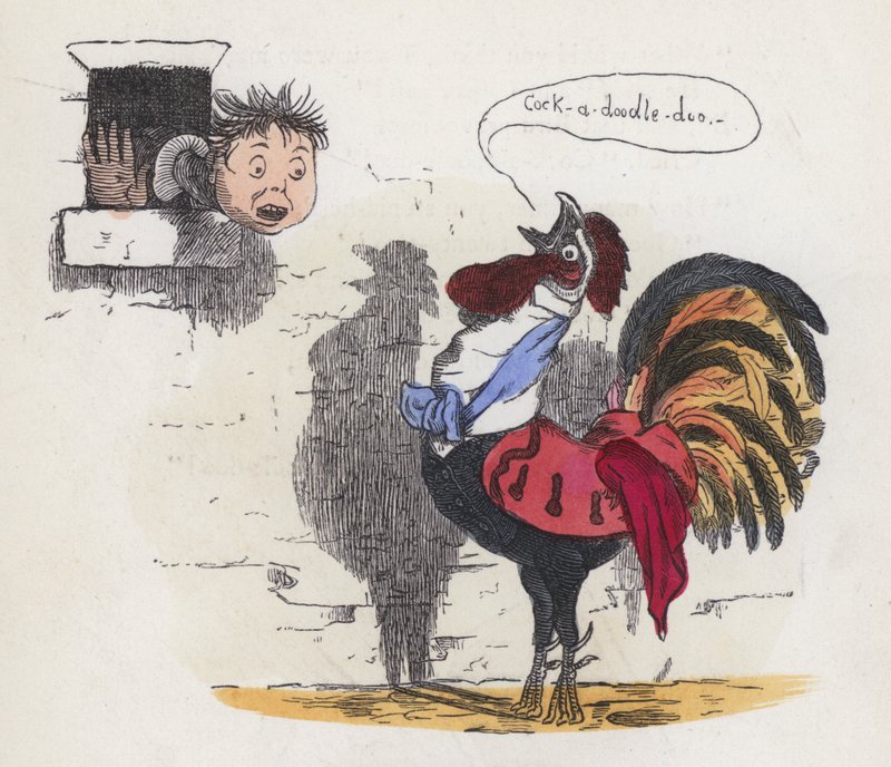 Çocuk bir horoz ötmesiyle uyandı (renkli gravür) by Charles Henry (after) Bennett