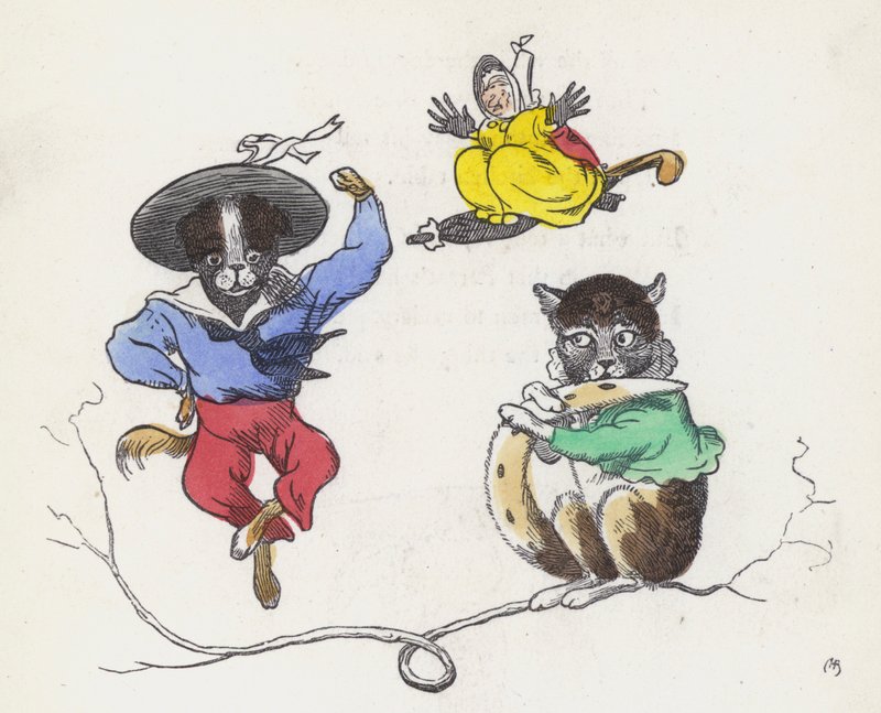 Dame Trottypeg ve evcil kedisi ve köpeği (renkli gravür) by Charles Henry (after) Bennett