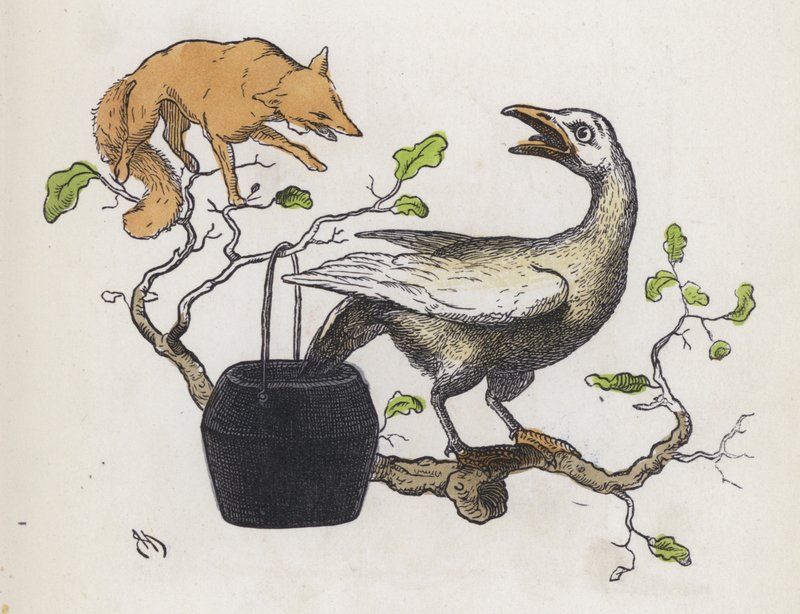 Tilki ve kuyruğu tutkalla doldurulmuş bir kaz (renkli gravür) by Charles Henry (after) Bennett