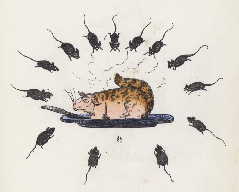Aç farelerle çevrili bir tabakta obur kedi (renkli gravür) by Charles Henry (after) Bennett