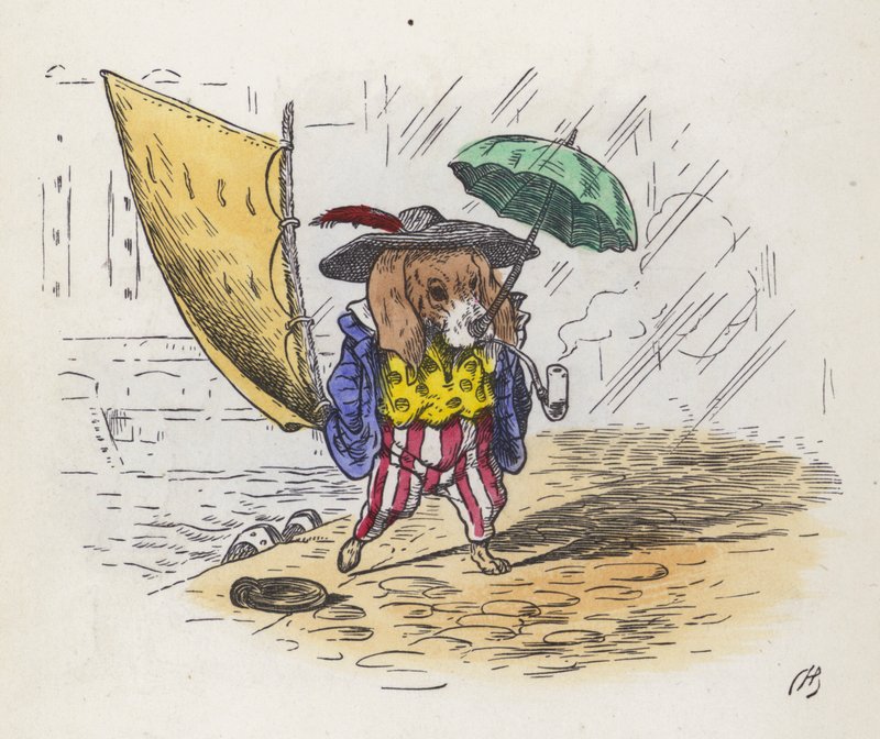 Küçük Jack Tar: kuyruğunu yelken, burnunu şemsiye olarak kullanan köpek (renkli gravür) by Charles Henry (after) Bennett
