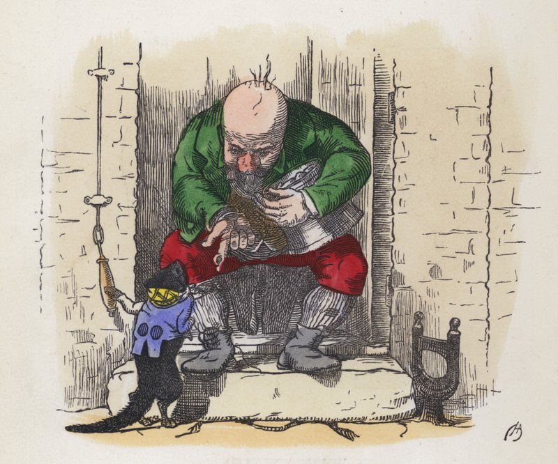 Bir adamın kapı zilini çalan küçük siyah kedi (renkli gravür) by Charles Henry (after) Bennett
