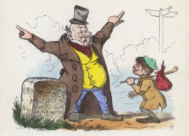 Londra yolunda bir gezgine kafa karıştırıcı yönler veren adam (renkli gravür) by Charles Henry (after) Bennett