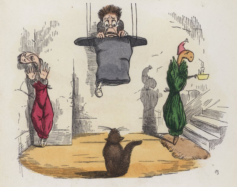 Bir kediden korktuğu için şapkasıyla tavandan sarkan adam (renkli gravür) by Charles Henry (after) Bennett