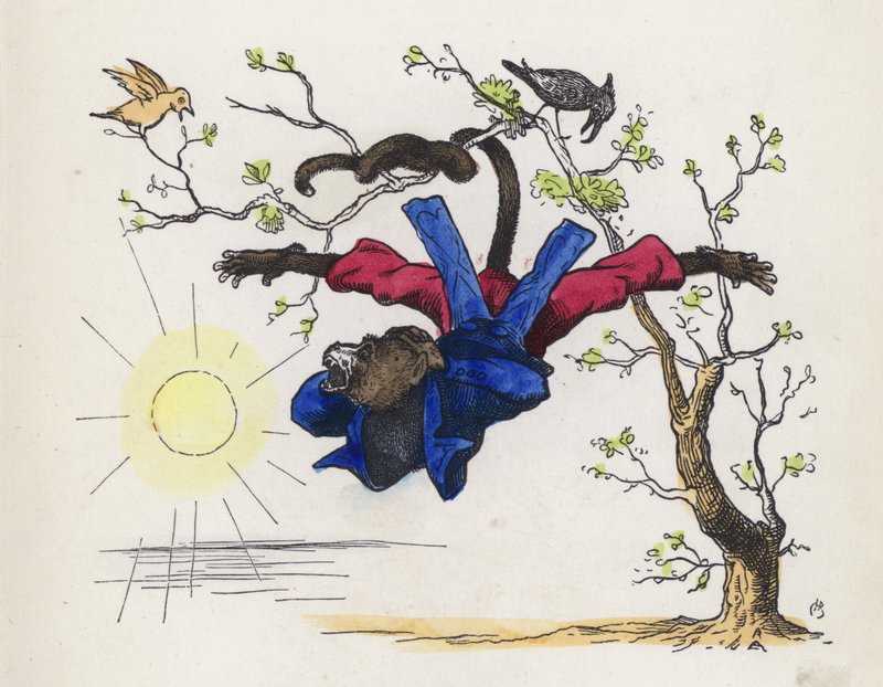 Bir ağaçtan kuyruğundan sarkan maymun (renkli gravür) by Charles Henry (after) Bennett