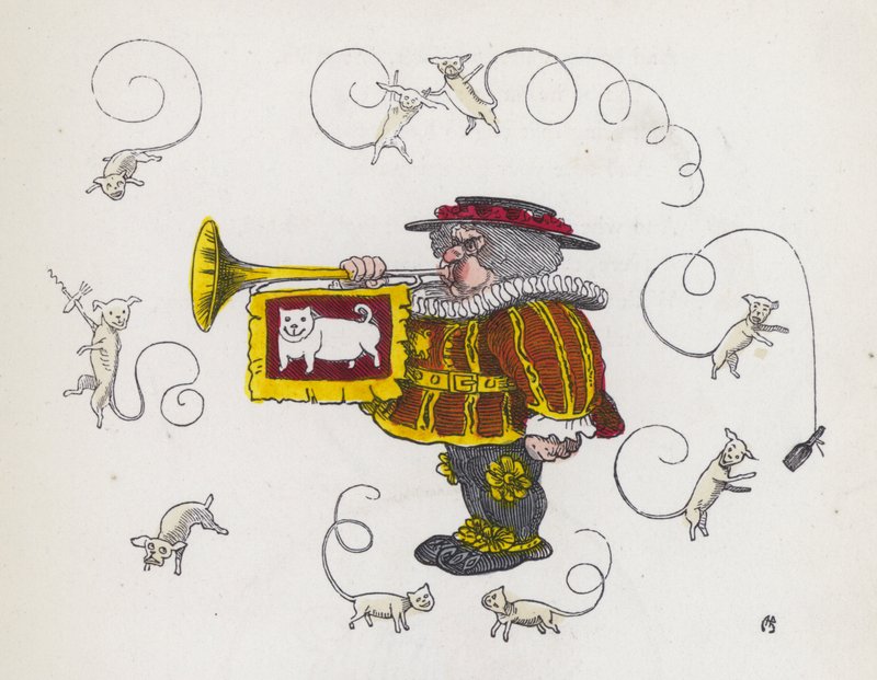 Trompet üfleyen kasaba tellalı, etrafı kıvırcık kuyruklu köpeklerle çevrili (renkli gravür) by Charles Henry (after) Bennett