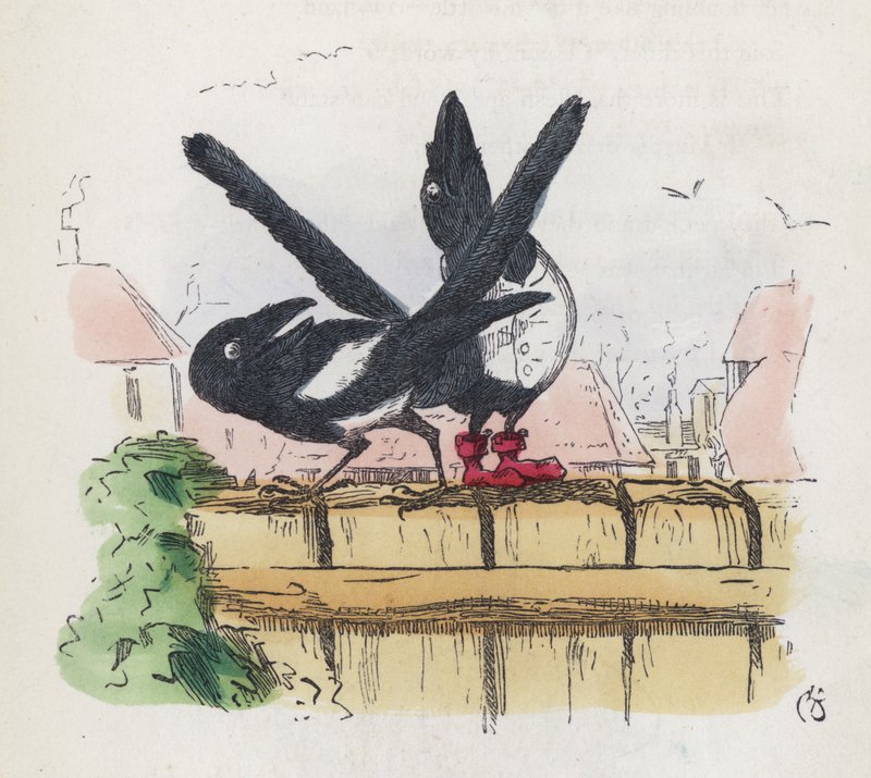 Bir bahçe çitinde iki saksağan (renkli gravür) by Charles Henry (after) Bennett