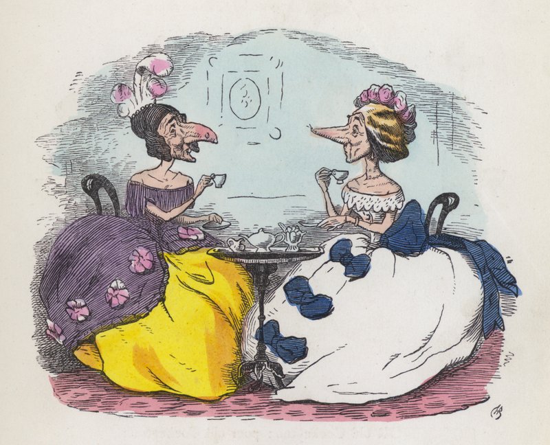 Çay içen koca burunlu iki kadın (renkli gravür) by Charles Henry (after) Bennett