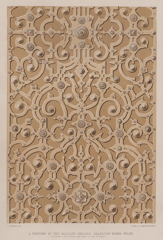 Galeri tavanının bir kısmı, Charlton House, Wilts, tavan 17 fit genişliğinde ve yaklaşık 115 fit uzunluğunda (renkli litho) by Charles James Richardson