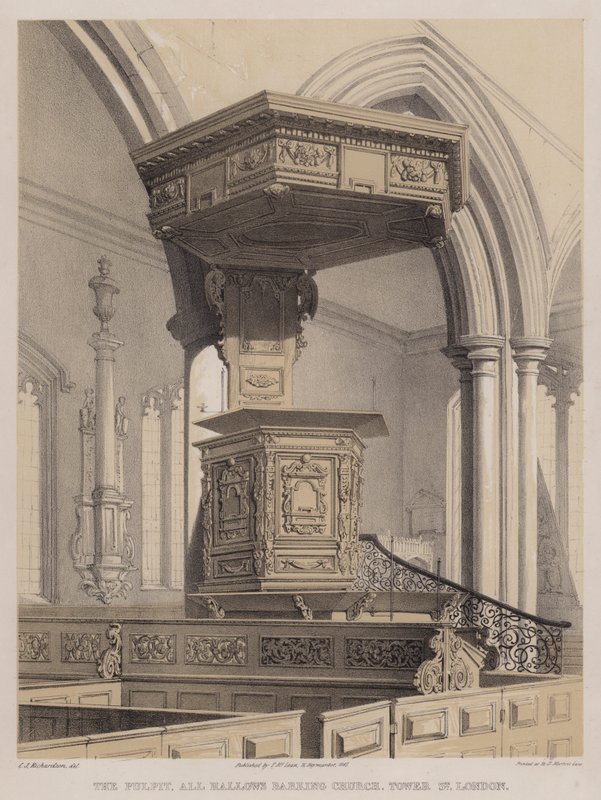 Minber, All Hallows Barking Kilisesi, Tower Street, Londra (renkli taş) by Charles James Richardson