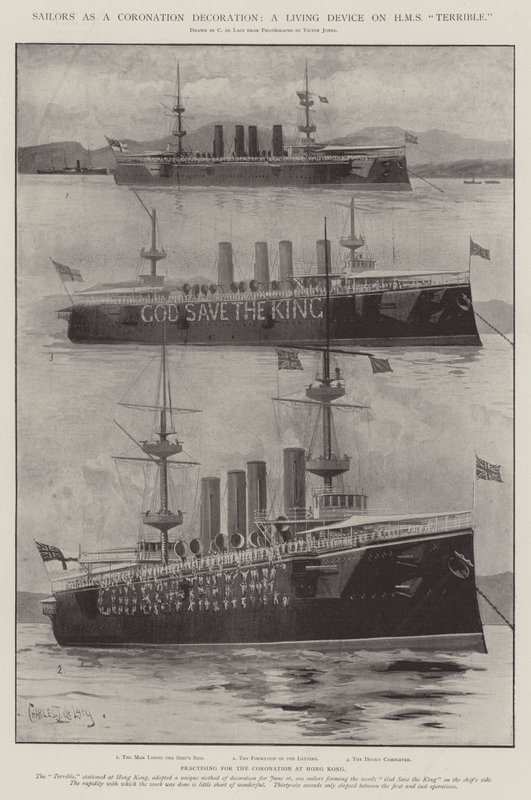 Bir Taç Giyme Dekorasyonu Olarak Denizciler, HMS Korkunç Üzerinde Yaşayan Bir Cihaz by Charles John de Lacy