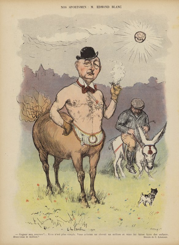 Edmond Blanc, Fransız yarış atı sahibi ve yetiştiricisi. Le Rire için İllüstrasyon by Charles Leandre