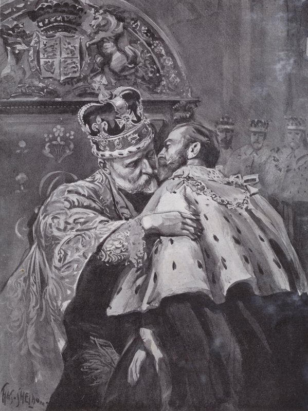 Kral Edward VII, oğlu Galler Prensi'ni kralın taç giyme töreninde kucaklarken, Westminster Abbey, Londra by Charles Mills (after) Sheldon