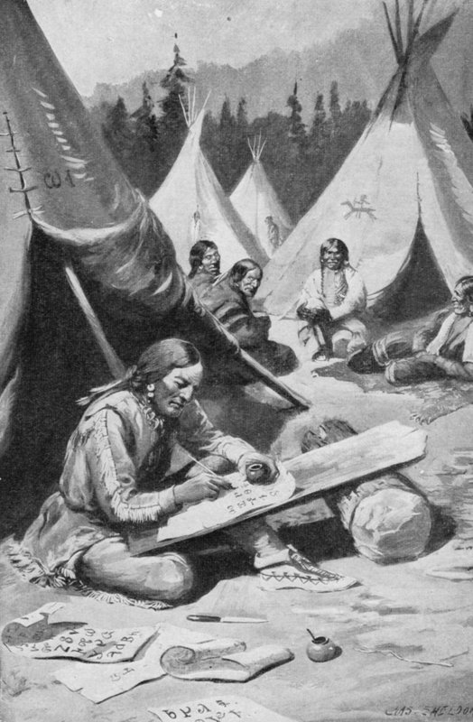 Sequoya alfabesini çalışıyor (lito) by Charles Mills (after) Sheldon