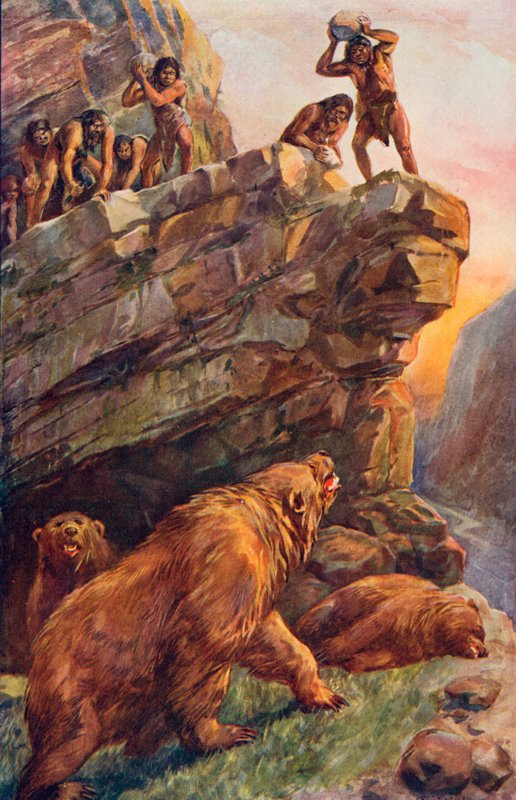 Büyük Mağara Ayılarına Saldıran Tarih Öncesi Adamlar by Charles Mills Sheldon