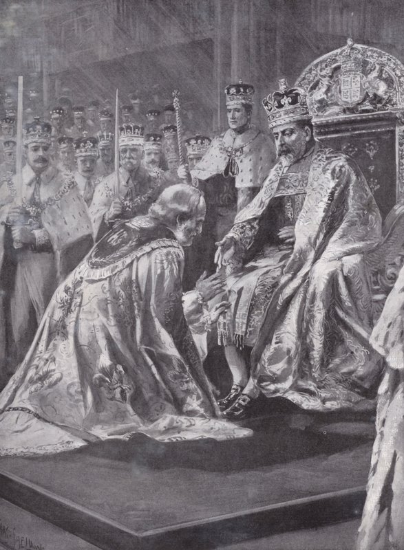 Canterbury Başpiskoposunun King Edward VII'nin taç giyme töreninde saygı duruşu, Westminster Abbey, Londra, 1902 by Charles Mills after Sheldon