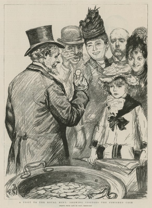 Kraliyet Darphanesi ziyareti; ziyaretçilere bitmiş parayı gösterme (gravür) by Charles Paul Renouard
