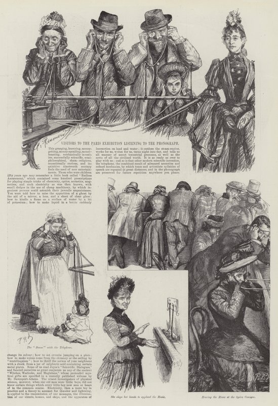 Fonograf dinleyen Paris Sergisi ziyaretçileri by Charles Paul Renouard