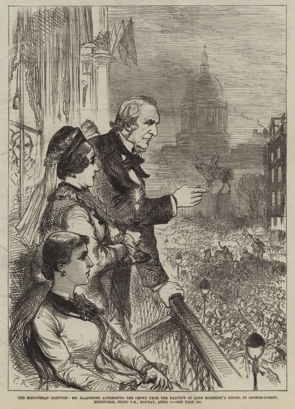 Midlothian Seçimi, Bay Gladstone, Lord Rosebery'nin Evinin Balkonundan Kalabalığa sesleniyor, George-Street, Edinburgh, Akşam 8, 5 Nisan Pazartesi by Sir John Charles Robinson