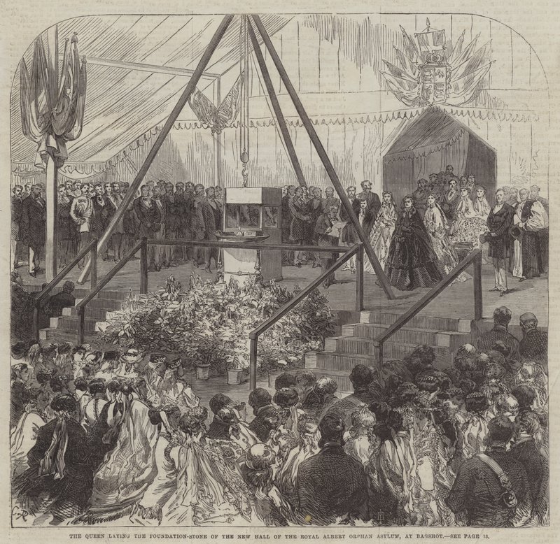 The Queen laying the Foundation-Stone of the New Hall of the Royal Albert Orphan Asylum, at Bagshot  by Sir John Charles Robinson