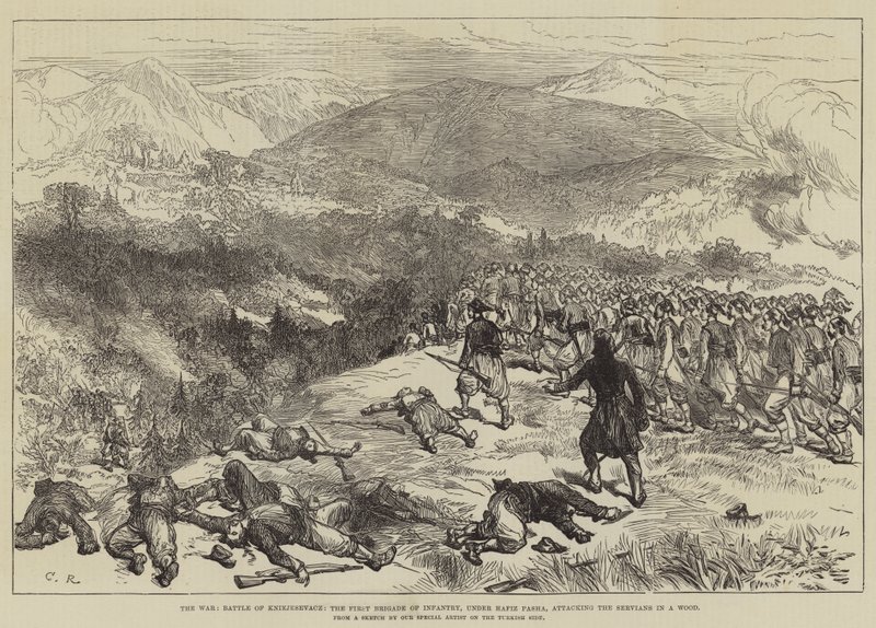 Savaş, Kniejesevacz Muharebesi, Birinci Piyade Tugayı, Hafız Paşa komutasındaki bir koruda Servilere hücum ediyor. by Sir John Charles Robinson
