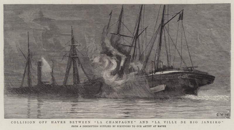 La Champagne ve La Ville de Rio Janeiro arasında Havre açıklarında çarpışma by Charles William Wyllie