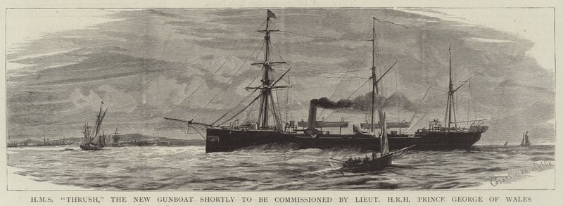 HMS Thrush, Yeni Gunboat, kısa bir süre sonra Teğmen SAİK Galler Prensi George tarafından görevlendirilecek by Charles William Wyllie