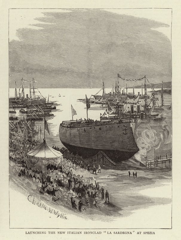 Spezia'da Yeni İtalyan Zırhlı La Sardegna'nın Lansmanı by Charles William Wyllie