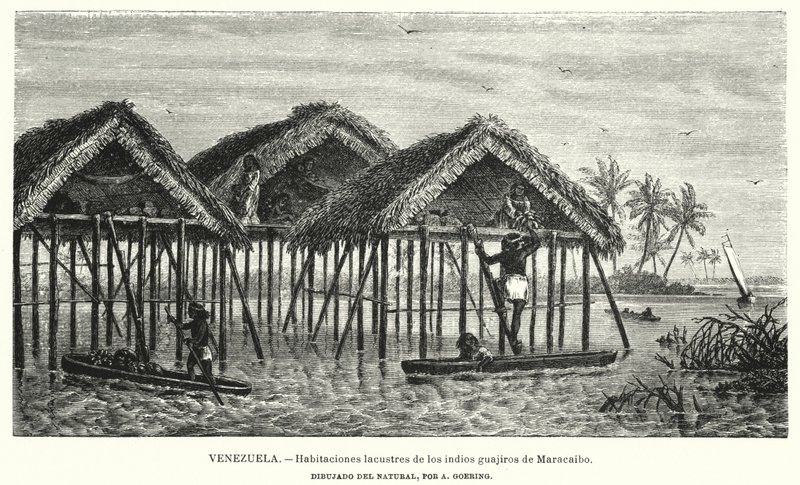 Wayuu (Guajiro) Kızılderililerinin göl evleri, Maracaibo, Venezuela (litho) by Christian Anton Goering