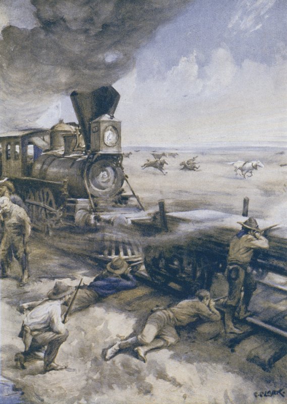 A train crossing the prairies attacked by American Indians  by Christopher Clark