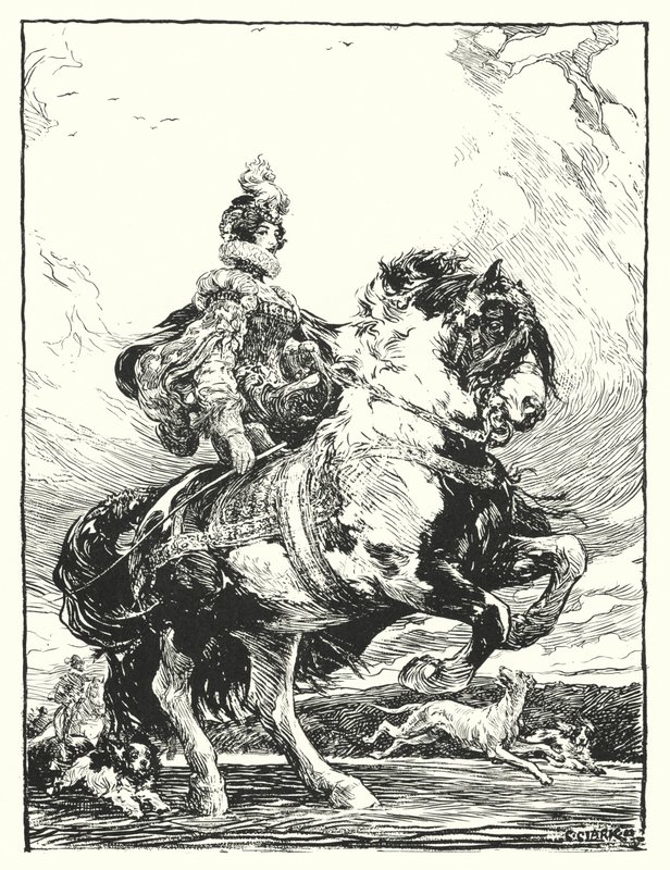 Tudor kostümlü kadın at sırtında avlanıyor (taş) by Christopher (after) Clark