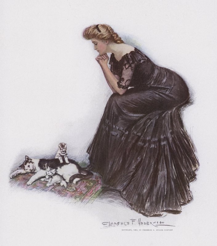 Bir kediyi ve yavrularını izleyen kadın by Clarence F. Underwood