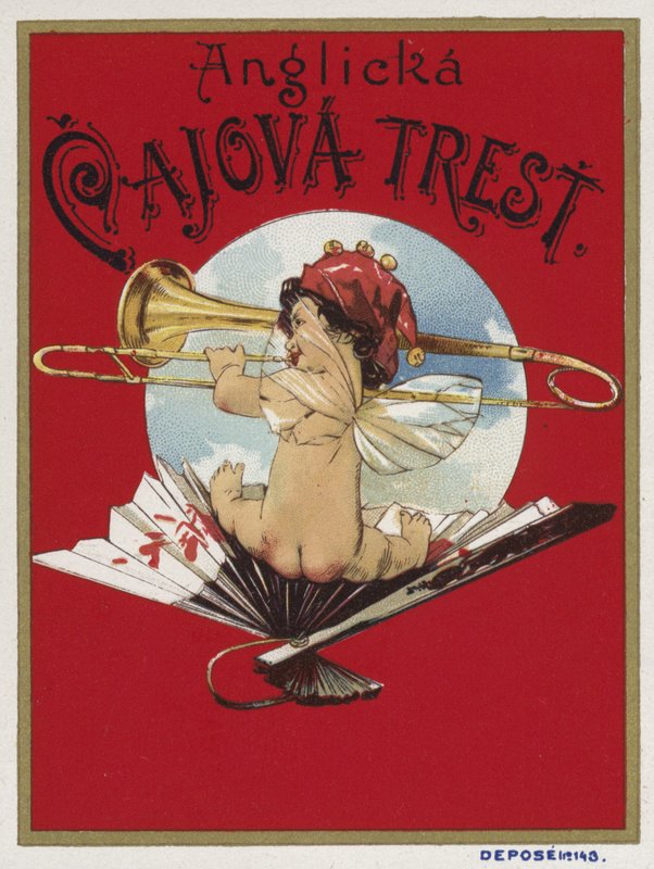 Trombon çalan bir melek tasvir eden ürün etiketi by Czech School