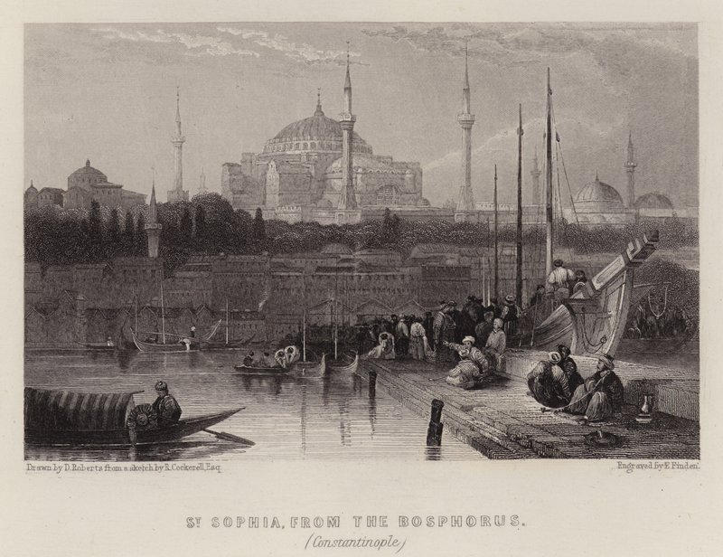 Ayasofya, Boğaziçi'nden, Konstantinopolis (renkli taş) by David (after) Roberts