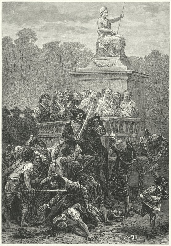 Giyotine giden mahkumlarla dolu bir tumbril, Fransız Devrimi (gravür) by Diogene Ulysse Napoleon Maillart
