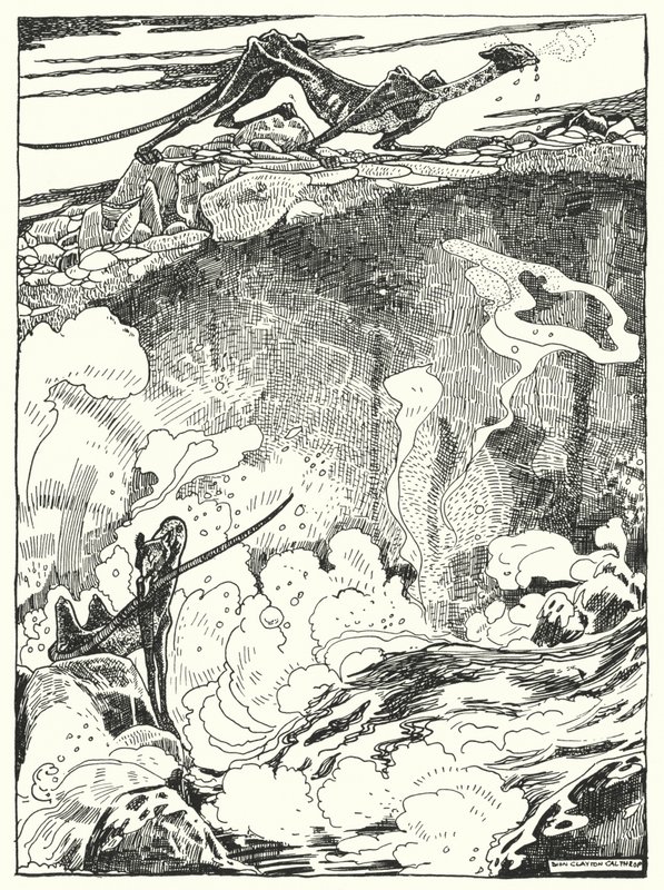 "Ejderha yavrularını içmek ve kendilerini temizlemek için Havuza indiklerini gördük" (gravür) by Dion Clayton Calthrop