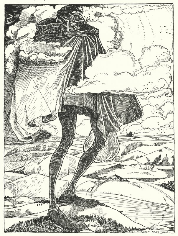 "Dev sapı tepelerin üzerinde, akşam yemeğini bir çantada taşırken gördük" (gravür) by Dion Clayton Calthrop